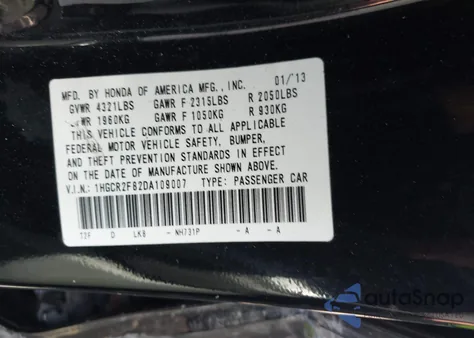 2013 Honda Accord Ex-L from USA, damaged, VIN 1HGCR2F82DA109007